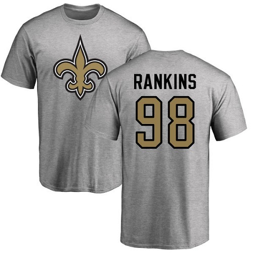 Men New Orleans Saints Ash Sheldon Rankins Name and Number Logo NFL Football #98 T Shirt->new orleans saints->NFL Jersey